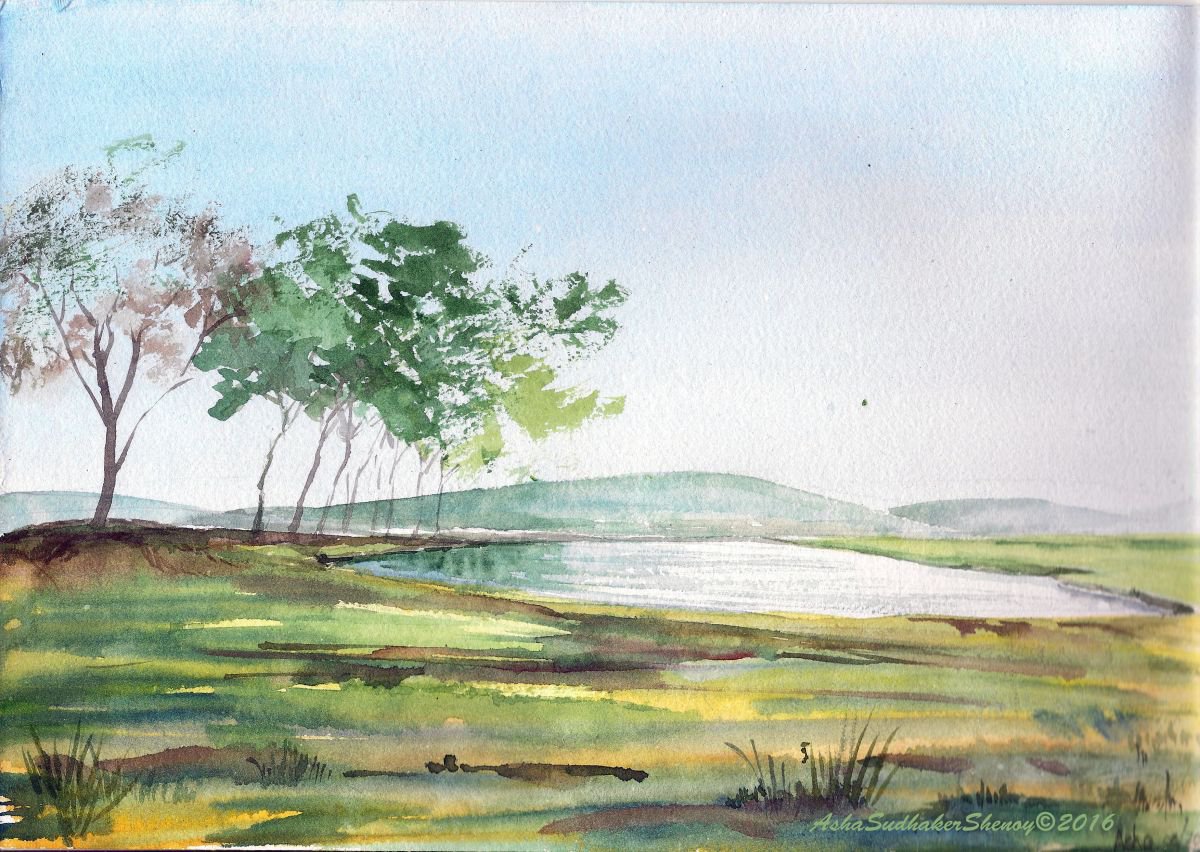 Lake in the wilderness Watercolor Landscape 11.75x 8.25 by Asha Shenoy