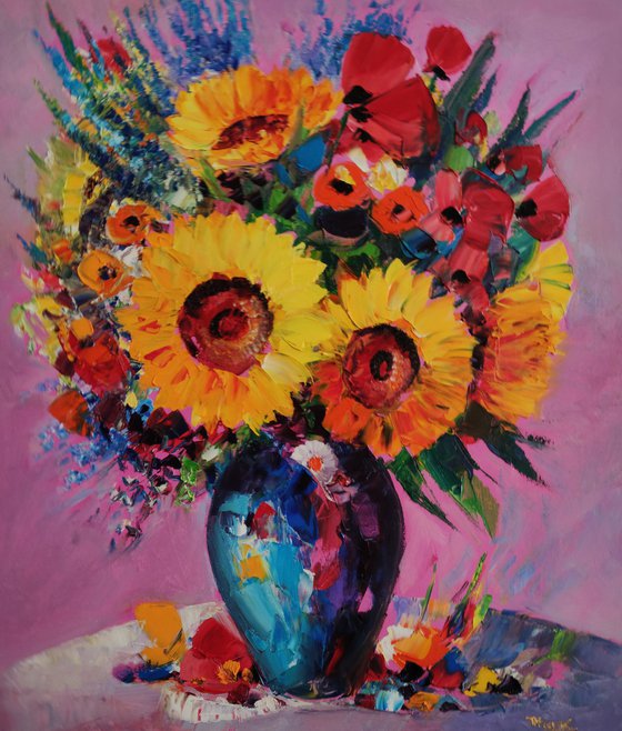 Field flowers in vase (60x70cm, oil painting,  ready to hang)