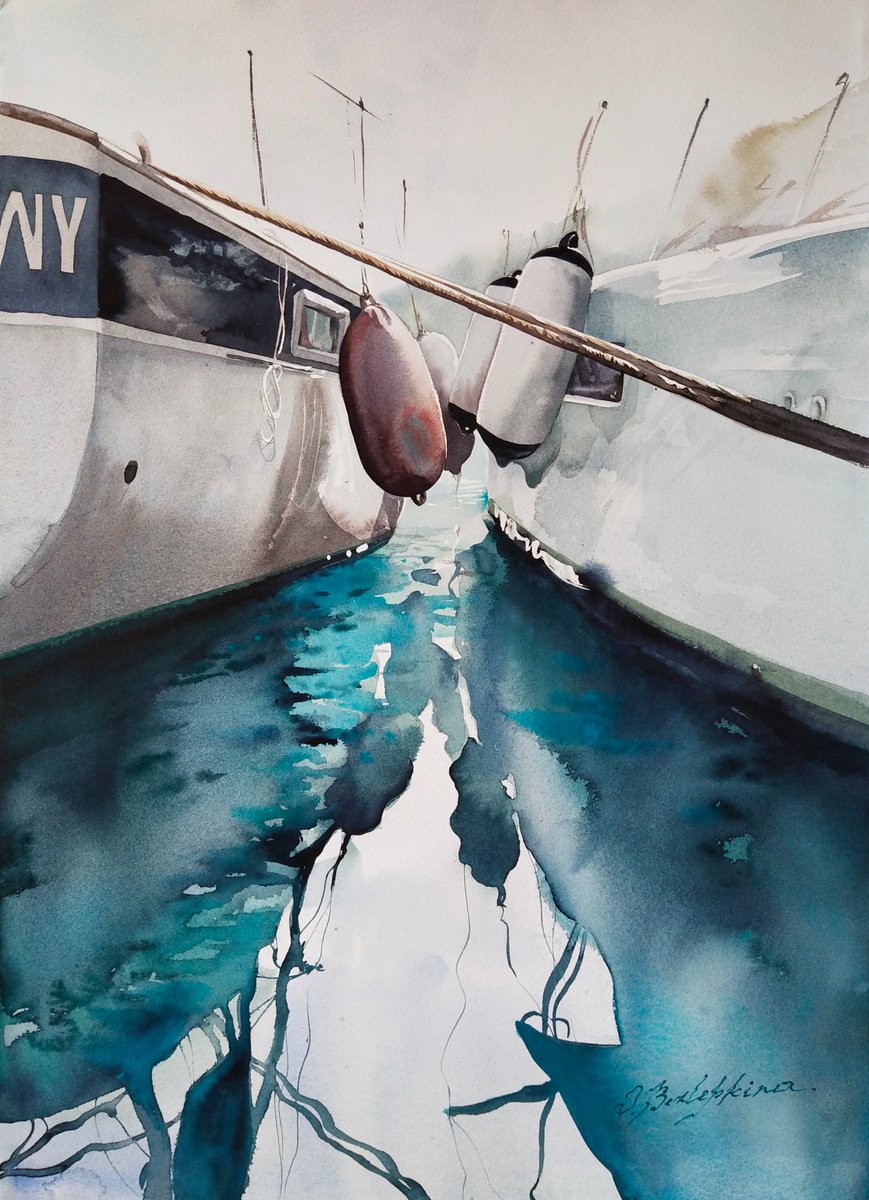 Fenders - original watercolor,valentines gift, two yachts side by side by Olga Bezlepkina