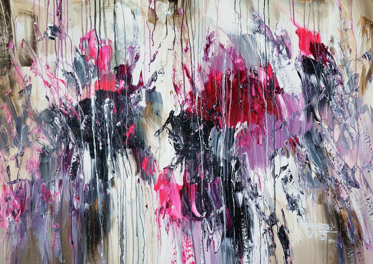 Abstract Acrylic Painting By Peter Nottrott, 61 X 41", Magenta Symphony D 1, Original Artwork