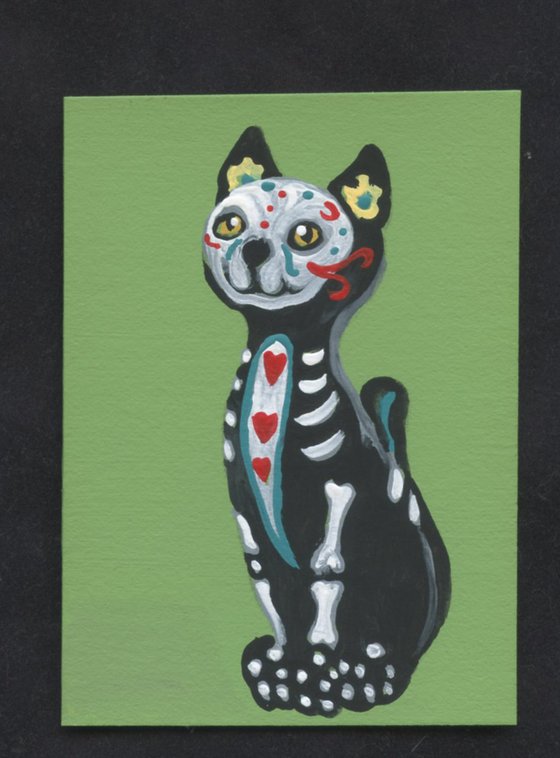 ACEO ATC Original Day of the Dead Sugar Skull Painting Black Cat Pet Art-Carla Smale