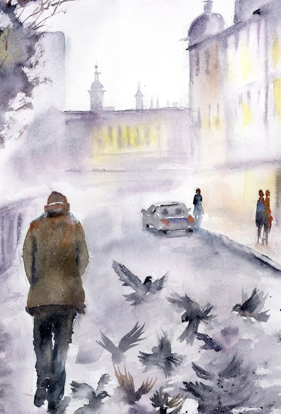 Misty Street with Birds