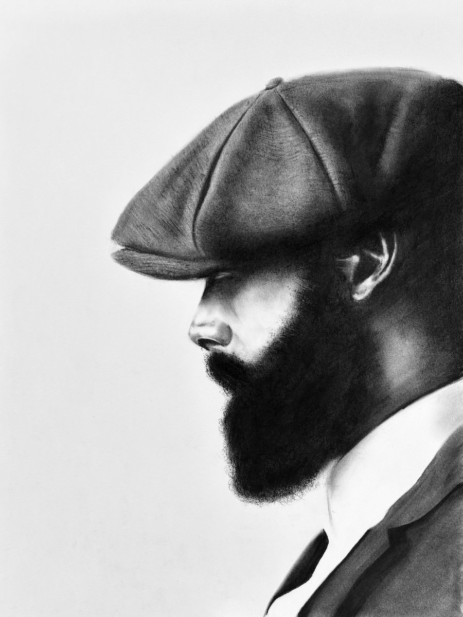 Photorealistic Portrait Charcoal Drawing By Denny Stoekenbroek, 20 X 26, Shadows Of Resolve, Original Artwork