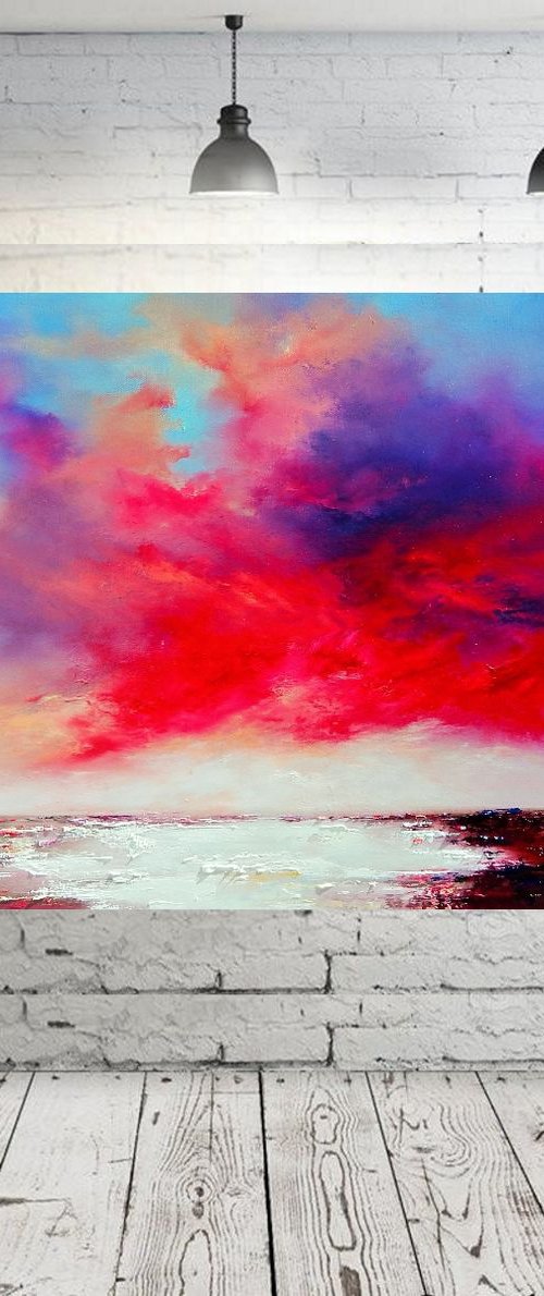 " Sky Fire"  pink, gold, violet abstarct painting by Olena Topliss