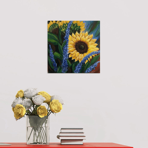Sunflowers with blue salvia