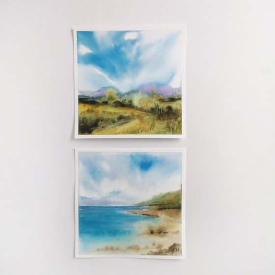 Landscape, mountain and sea scenery, small painting set
