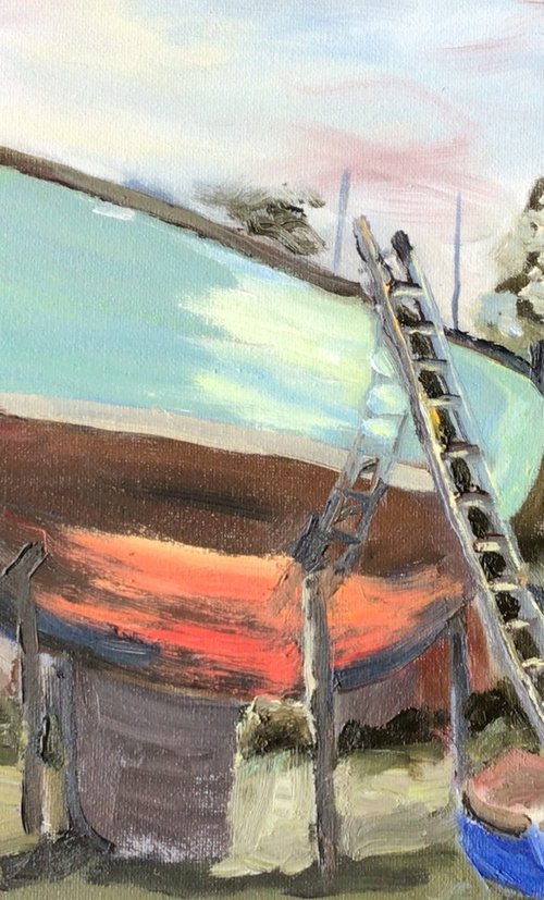 Under repair at Pin Mill, by Julian Lovegrove Art