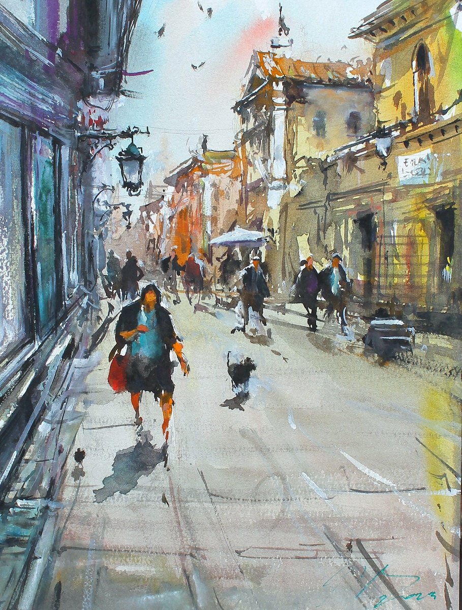 Impressionistic Cityscapes Watercolour By Maximo Damico, 8 X 11", Shopping In Roma, Original Artwork