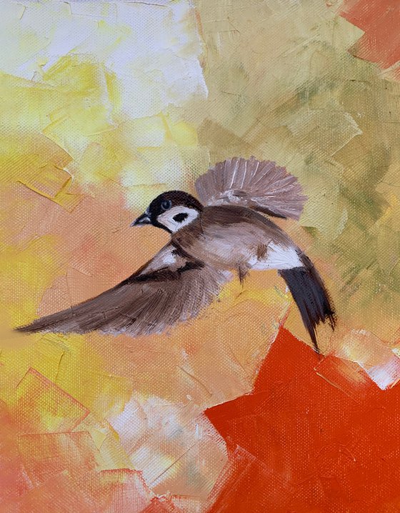 "Orange la la mood" oil painting on paper / sparrow bird / bird in flight