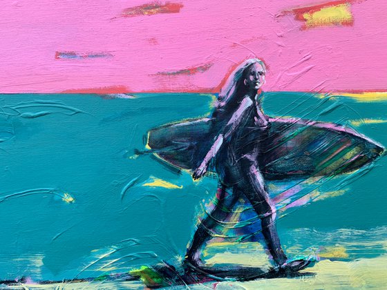 Bright painting - "Miami Beach" - Girl - Pop Art - Urban - Surfing - California