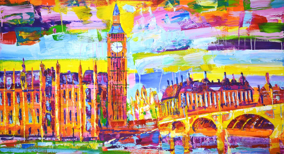 Expressive Cityscapes Acrylic Painting By Iryna Kastsova, 51 X 28, Favorite London., Original Artwork