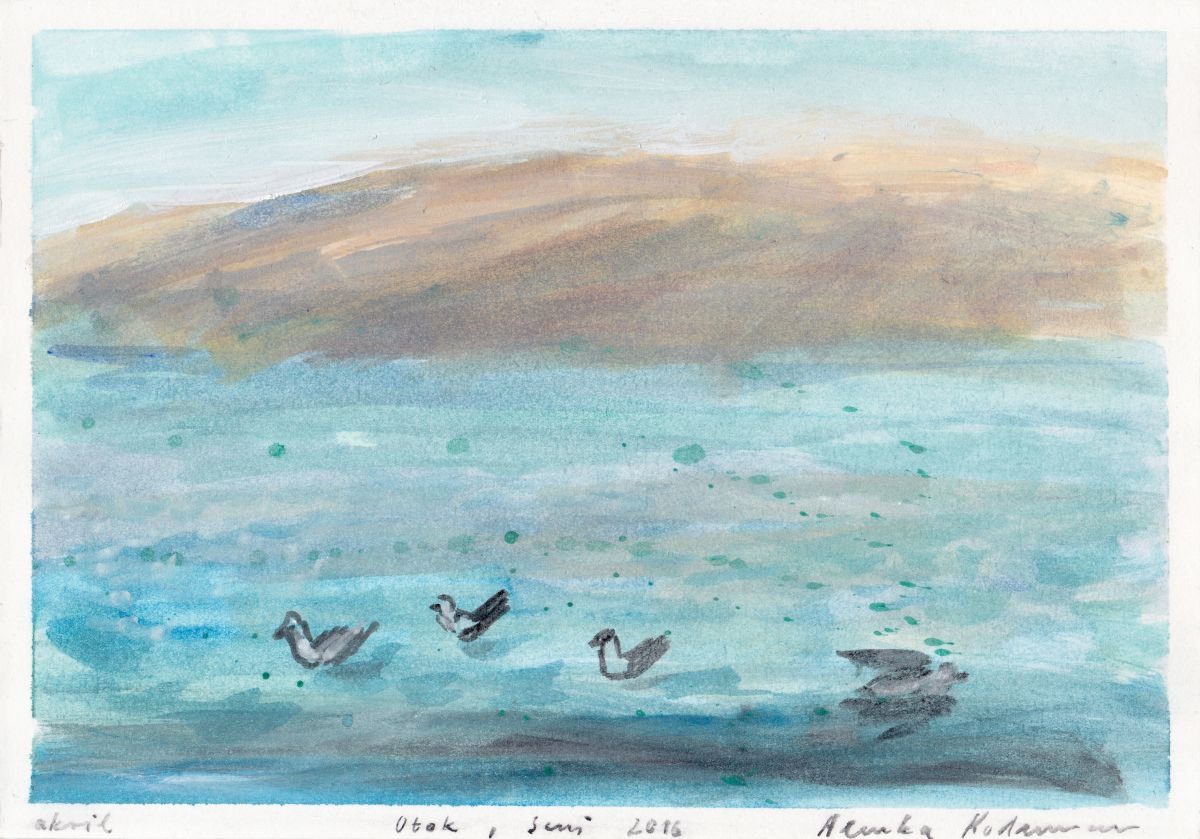 Island - Otok, from Cycle Sea, Senj, August 2016, acrylic on paper, 19.9 x 28.4 cm by Alenka Koderman