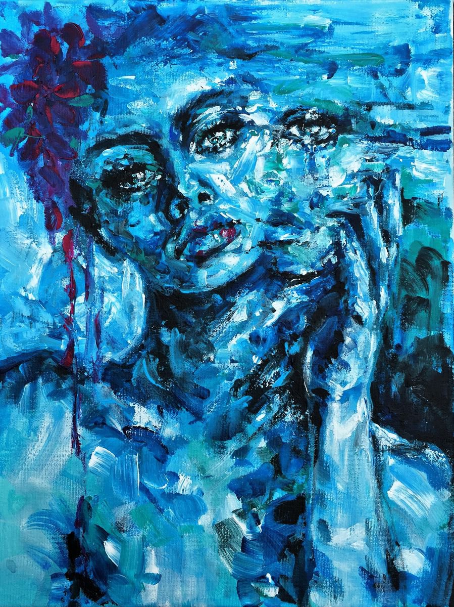 Expressive Portrait Acrylic Painting By Doriana Popa, 12 X 16, Shades Of Blue, Original Artwork