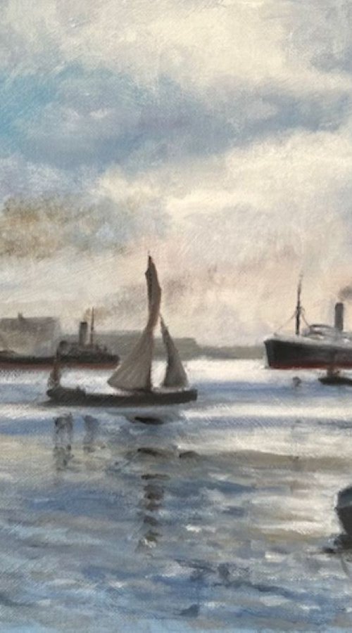 1950's Busy Shipping Scene River Thames by Gary Obee