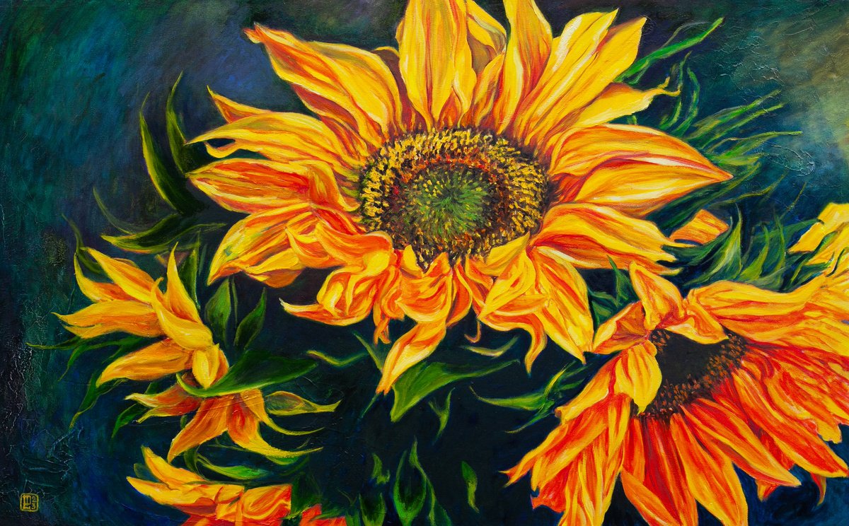 Photorealistic Botanical Oil Painting By Liudmila Pisliakova, 38 X 24", Sunflowers, Original Artwork