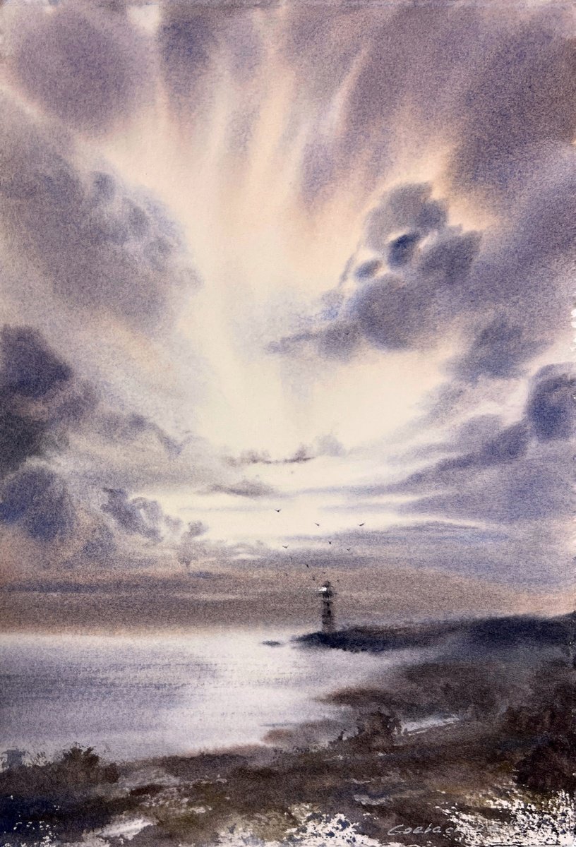 Impressionistic Landscape Watercolour By Eugenia Gorbacheva, 7 X 11, Lighthouse In The Clouds, Original Artwork