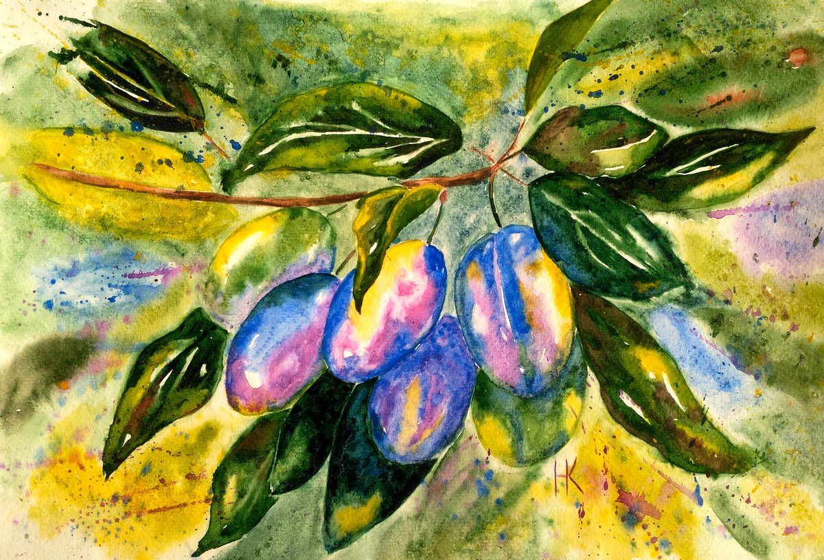 Plums Painting Fruit Original Art Plum Branch Small Watercolor Plum Tree Artwork Home Wall... by Halyna Kirichenko