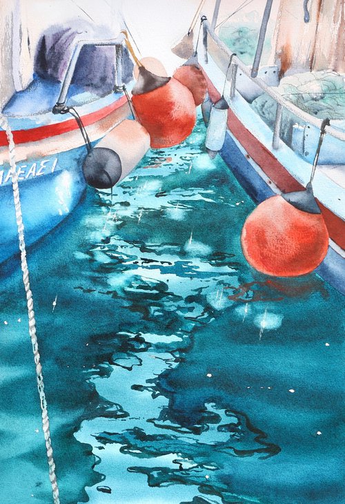 Reflections, boats and the sea. Original watercolor artwork. by Evgeniya Mokeeva