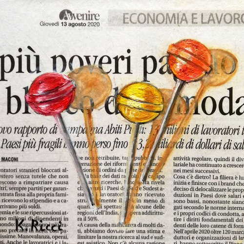 "Three Lollipops on Newspaper" Original Oil on Canvas Board Painting 6 by 6 inches (15x15 cm) by Katia Ricci