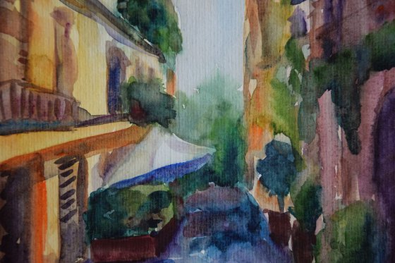 Italy old town original watercolor painting, summer abstract cityscape Europe