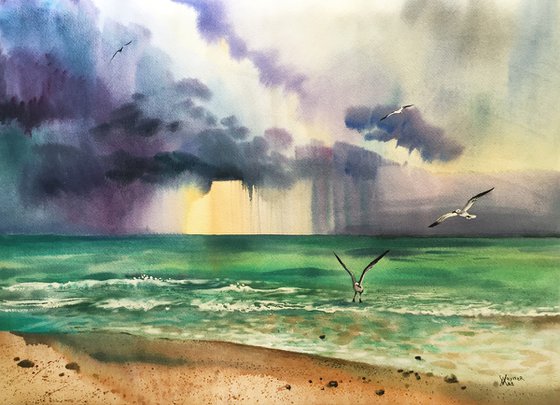 Miami beach. The ocean before the thunderstorm. Seascape art