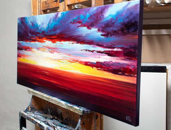 Red Sunset at the sea. Colorful Sky Oil Painting