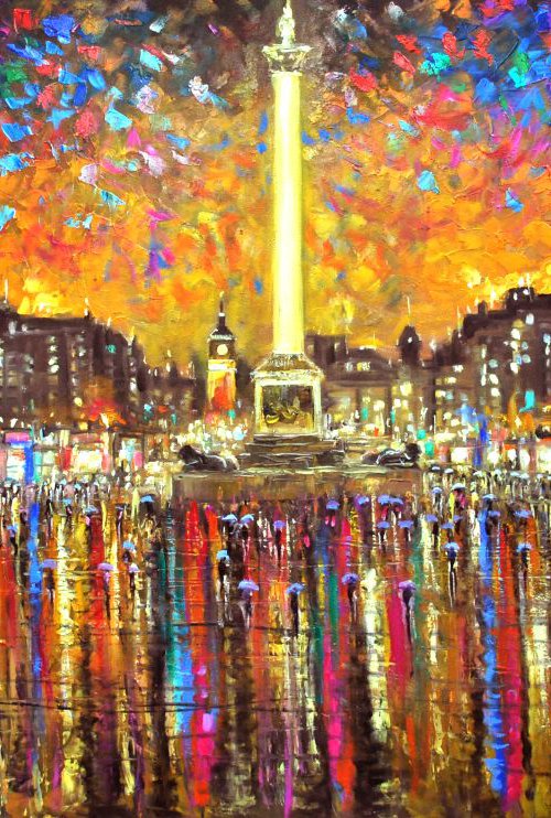 Rain in Trafalgar square, 48x30 in by Vishalandra Dakur