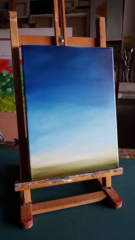 "Sky" - oil landscape minimalistic blue and green Horizon modern countryside countryscape distance emotion serenity calm quiet zen meditative abstracte