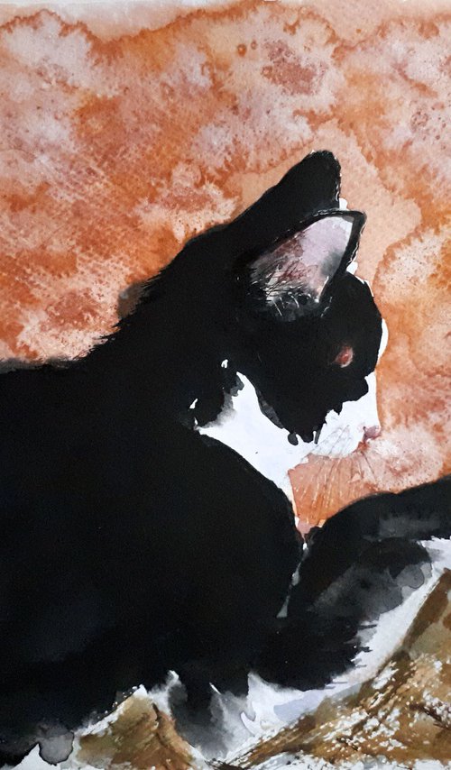 Cat... Autumn day... / FROM THE ANIMAL PORTRAITS SERIES / ORIGINAL WATERCOLOR  PAINTING by Salana Art