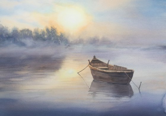 Old Boat at Dawn - Misty Sunrise on the Lake – Landscape - Mist - Morning Fog -  wooden boat