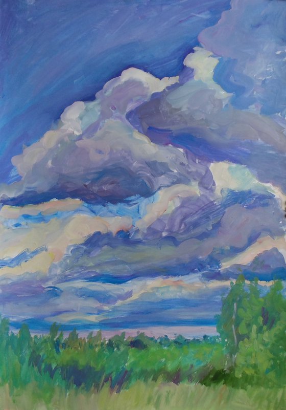 The sky in the clouds. Gouache on paper. 43 x 61 cm