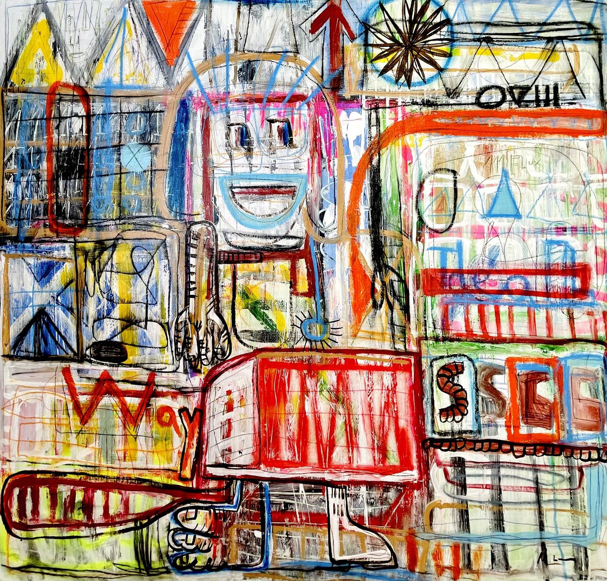 Urban And Pop Abstract Acrylic Painting By Mercedes Lagunas, 41 X 39", Flux, Original Artwork