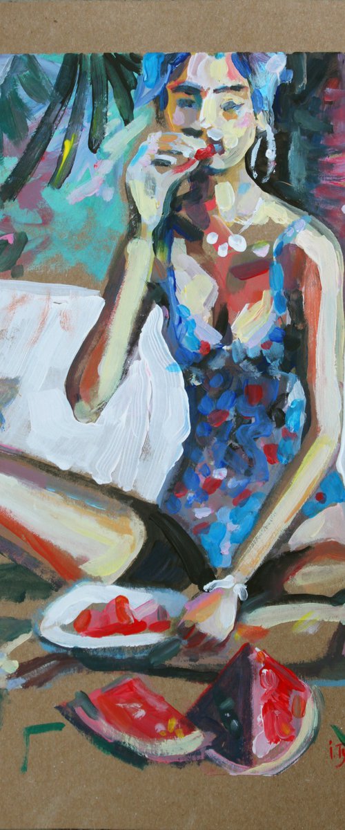 A girl in a blue swimsuit Summer watermelon by Iryna Tymkul