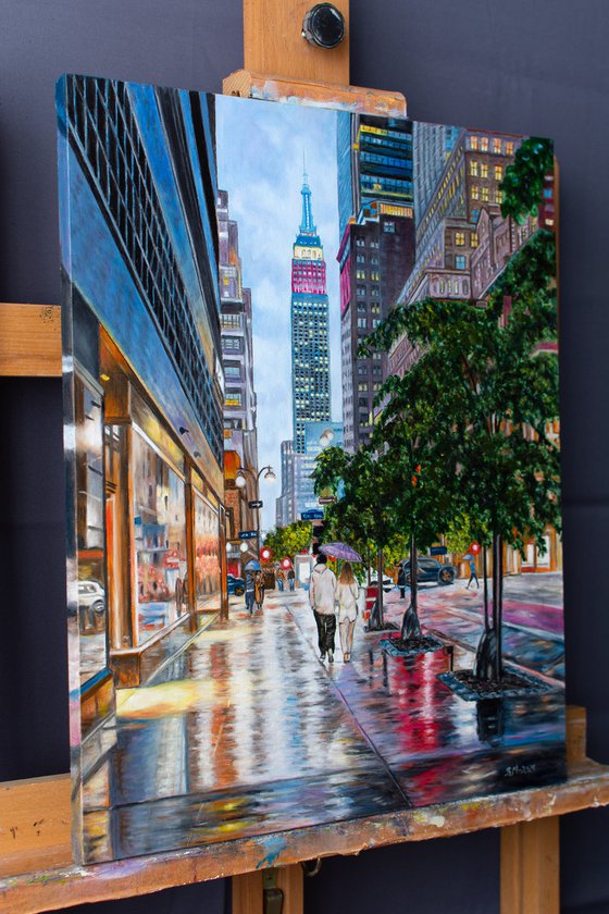 A rainy night in New York City by Vera Melnyk - ( sityscape oil painting, Modern Home Decor, gift, New York Lovers)