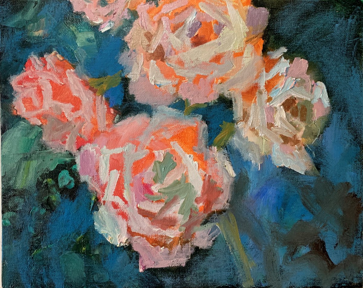 Impressionistic Botanical Oil Painting By Vita Schagen, 12 X 9", Garden Roses. Flowers., Original Artwork