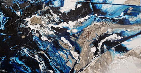 Midnight Flow 190cm x 100cm Blue Black Grey Textured Abstract Art