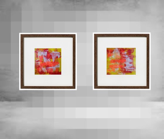 Abstract !! Small Abstract Paintings !! Set of 2 !! Yellow, Red,Orange,White Painting !! Diptych !!