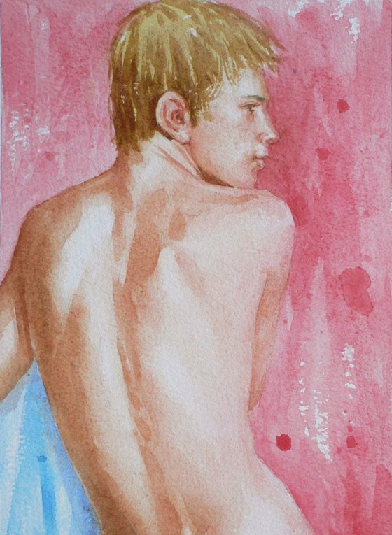 original watercolour painting  male  nude boy on paper#16-11-6