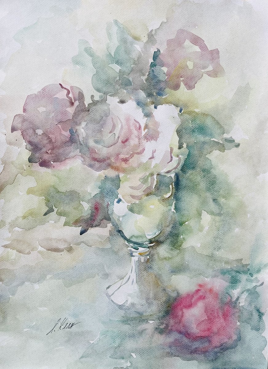 Impressionistic Botanical Watercolour By Elena Klyan, 12 X 16, Roses 30X40 Cm 2025, Original Artwork