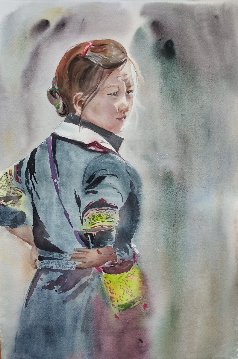 Impressionistic Portrait Watercolour By Ana Tyulpanova, 15 X 22, Girl In Sapa, Original Artwork
