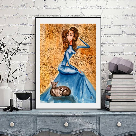 Woman Painting Portrait Original Art Cat Watercolor Woman and Cat Artwork Girl and Cat Home Wall Art 12 by 17" by Halyna Kirichenko