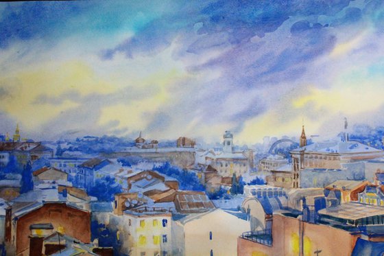 Watercolor sunset blue and yellow evening cityscape