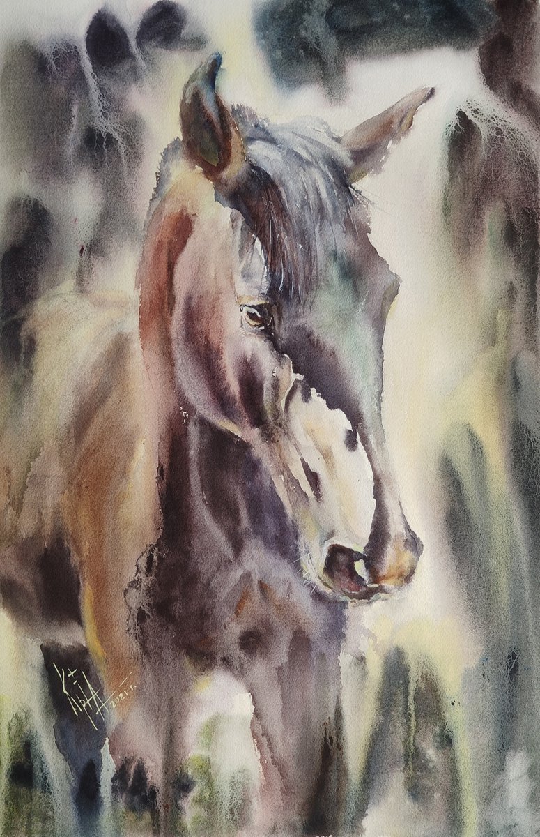 Painting Brown Horse by Elena Krivoruchenko