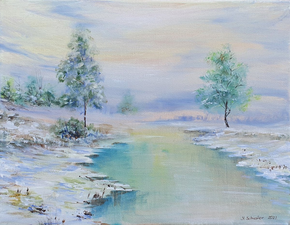 Impressionistic Landscape Acrylic Painting By Yulia Schuster, 12 X 9", Morning Freshness, Original Artwork
