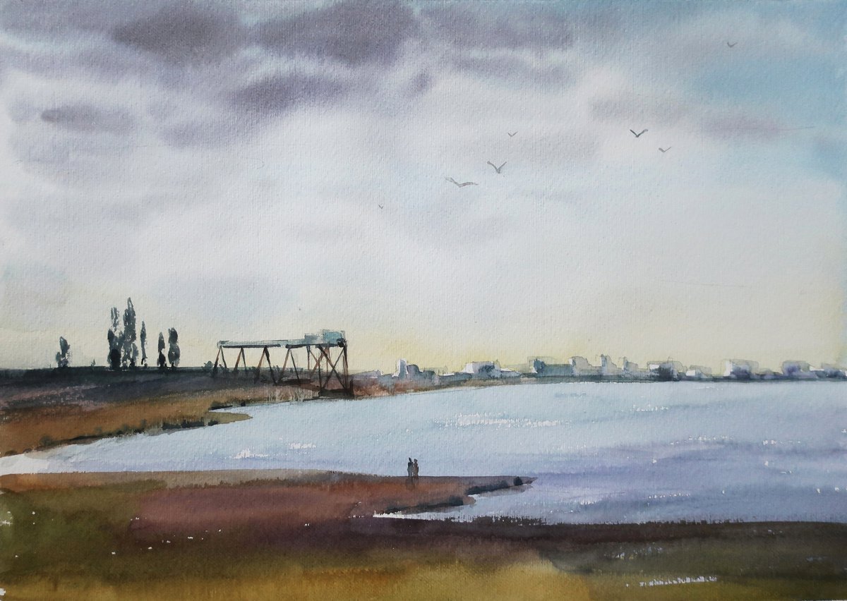 Watercolor painting Landscape River Coast by Anna Shchapova