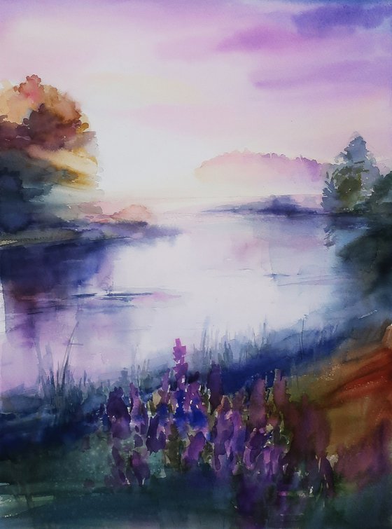 Watercolor painting Landscape Fog River