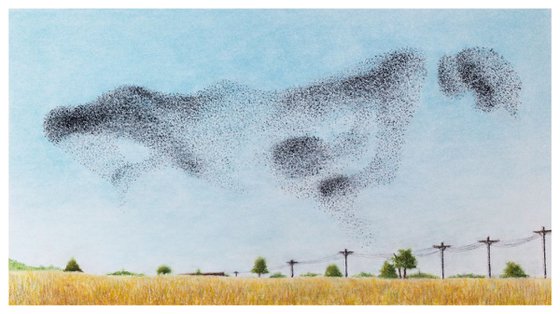 Original pastel drawing "Flock of starlings"