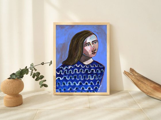 Woman in Blue Sweater Naive Portrait Lady Girl Looking Up and Thinking