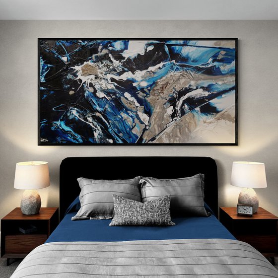 Midnight Flow 190cm x 100cm Blue Black Grey Textured Abstract Art