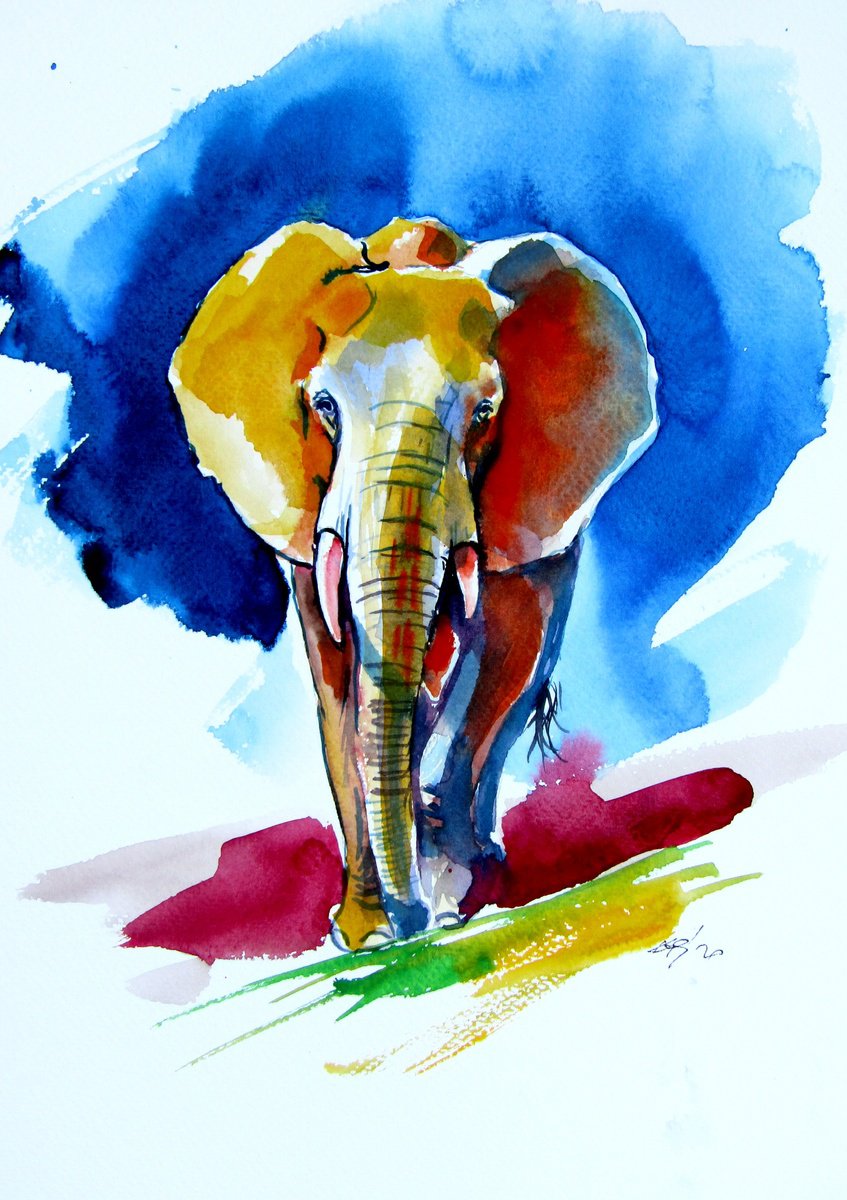 Impressionistic Animal Watercolour By Kovacs Anna Brigitta, 10 X 14", Majestic Elephant At Night, Original Artwork